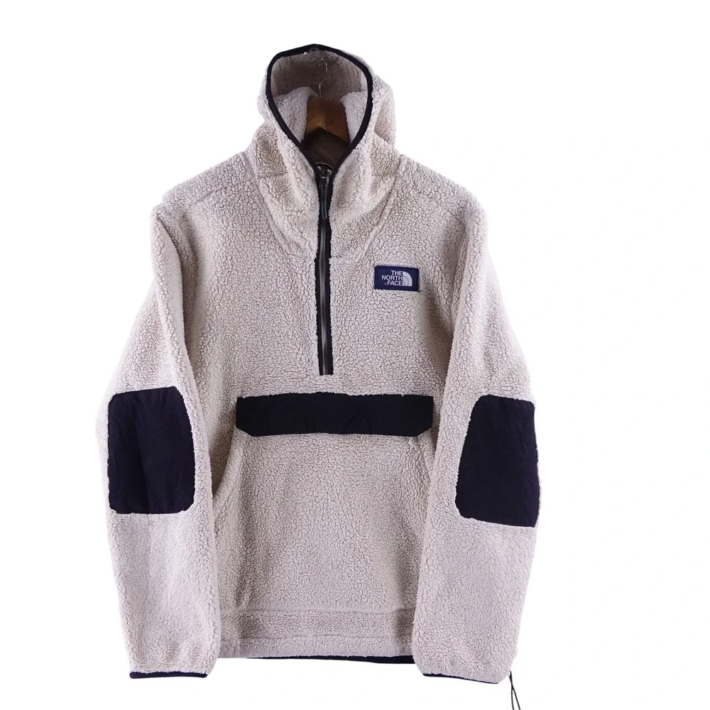 The North Face Mens Medium Campshire Sherpa Fleece Anorak Hoodie Kangaroo Cream